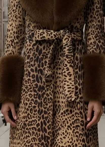 New Leopard Peter Pan Collar Lace Up Fuzzy Fur Fluffy Coat Fall