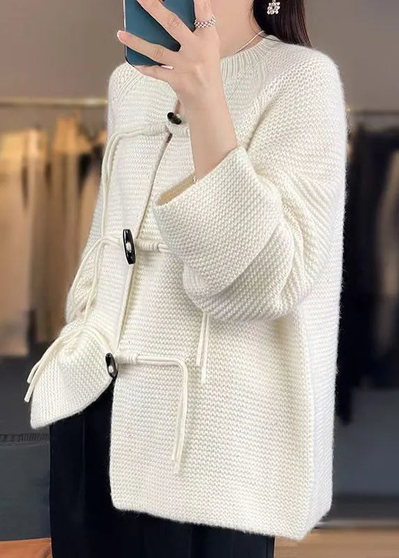 White Woolen Knit Coat O-neck Long Sleeve