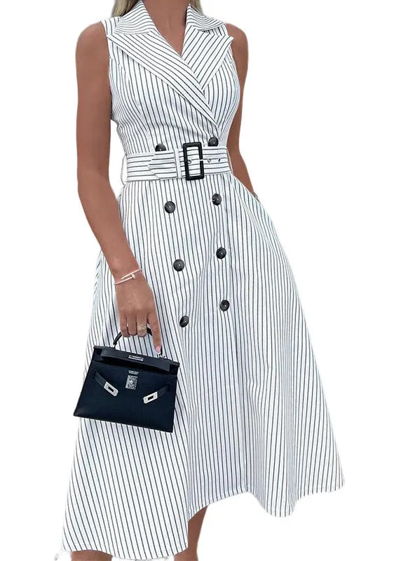 Classy White Peter Pan Collar Striped Cotton Dresses Sleeveless