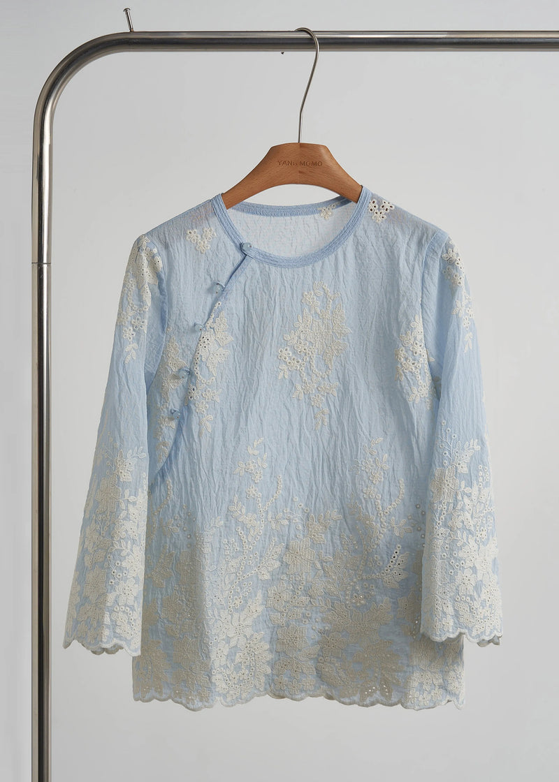 Sky Blue Embroidered Cotton Tops Fall