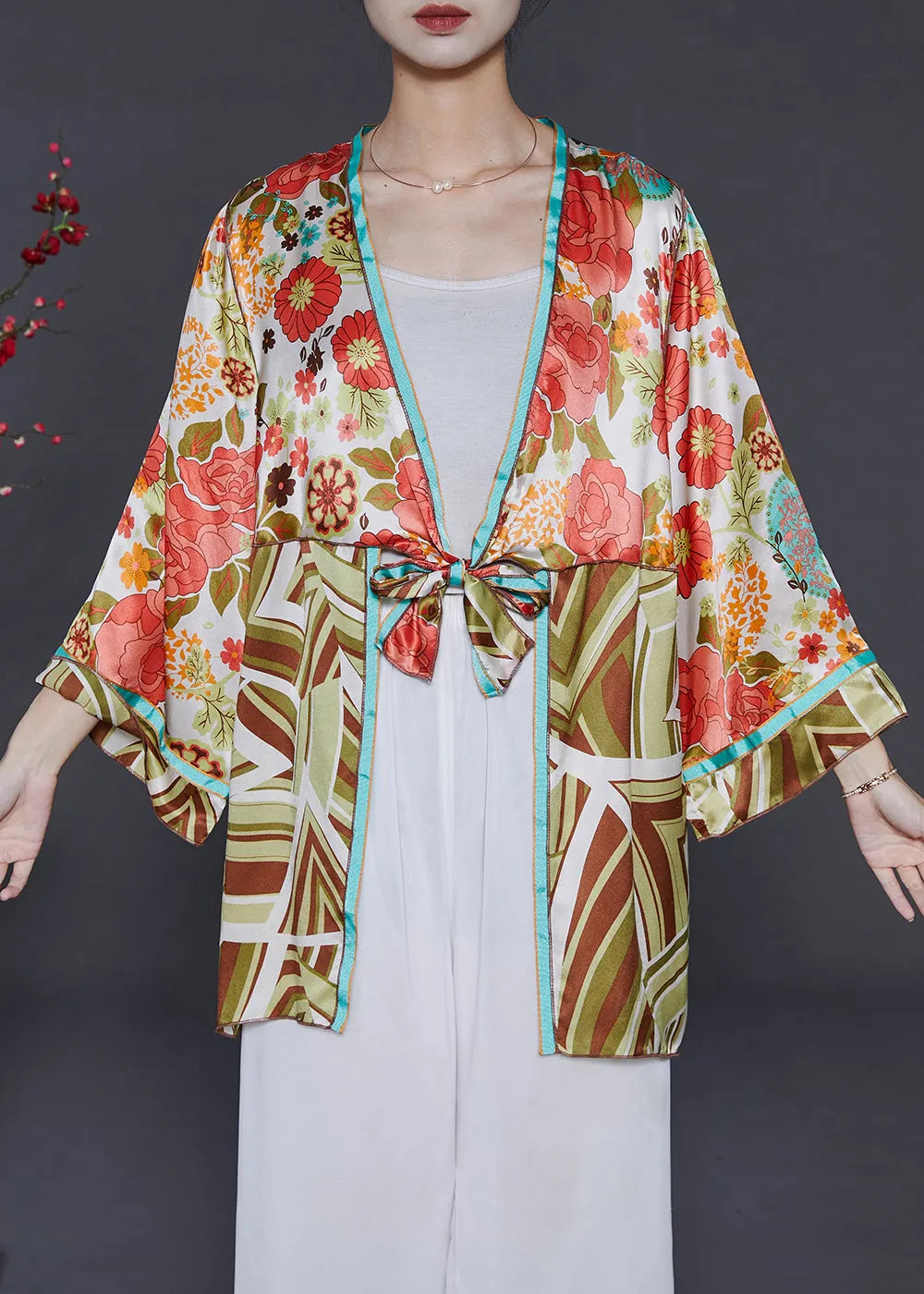 Pink Print Lace Up Silk Cardigan Summer