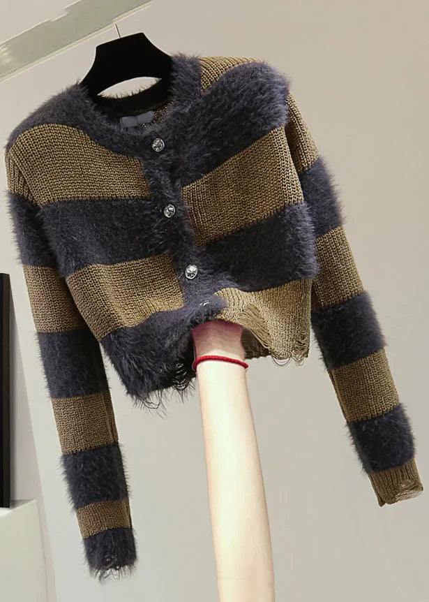 Unique Coffee O-neck Striped Hole Ma Hai Mao Cotton Knit Sweater Winter
