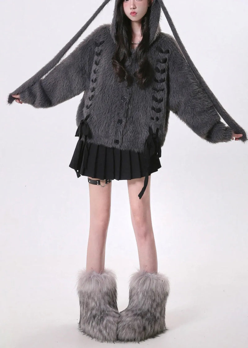 Dark Grey Oversized Bow Knit Rabbit Ears Hoodies Outwear Spring