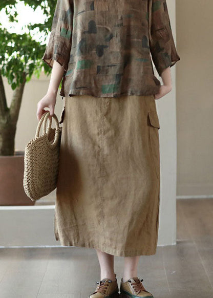 Khaki Pockets Patchwork Cotton a Line Skirts Summer