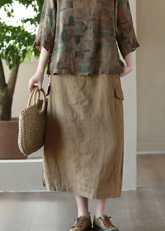 Khaki Pockets Patchwork Cotton a Line Skirts Summer