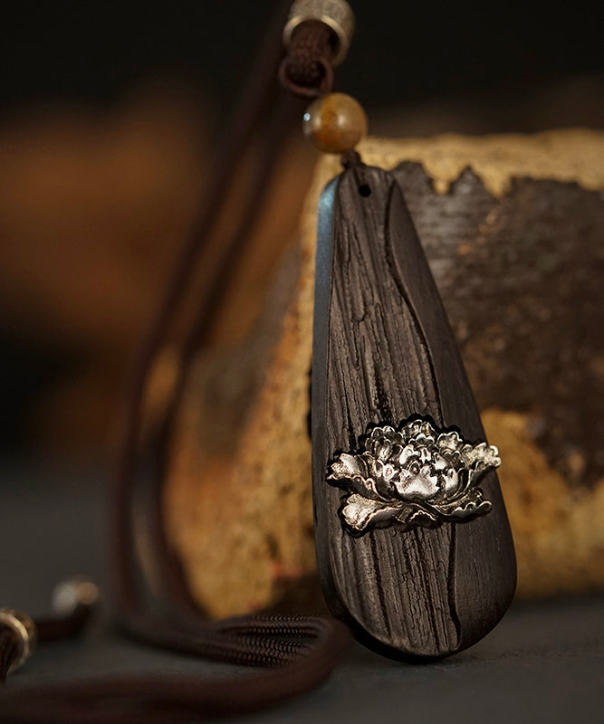 Fine Black Hand Knitting Peony Water Drop Pendant Necklace