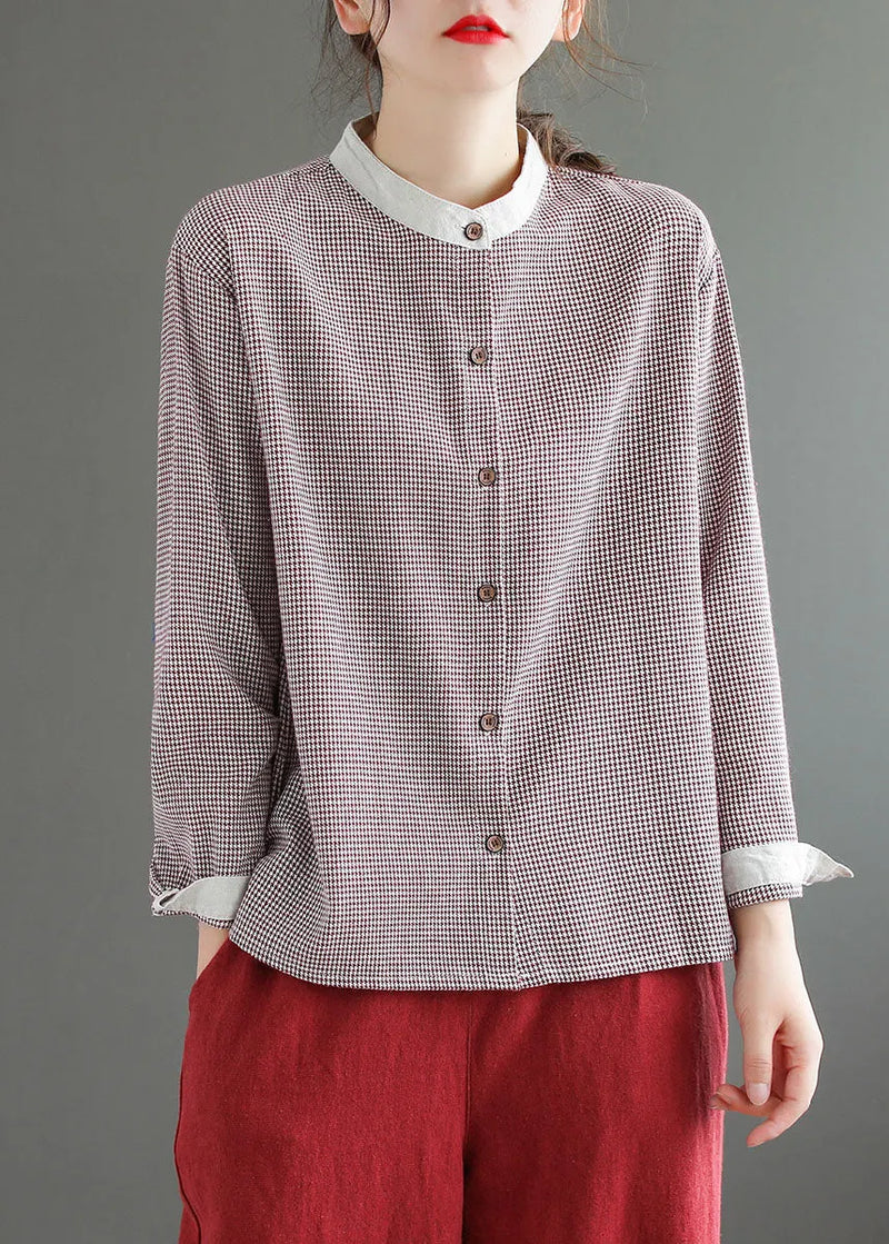 Red Plaid Patchwork Cotton Blouse Top Button Long Sleeve