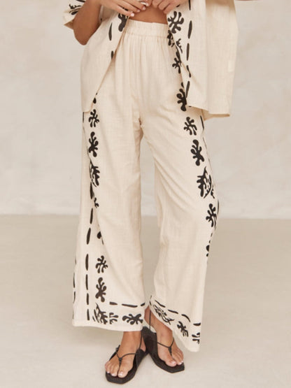 Wide Leg Black Printed Cream Pants