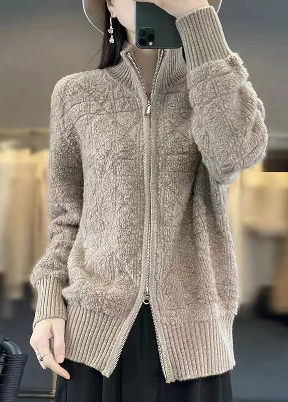 French Camel Zip Up Pockets Patchwork Wool Coats Fall