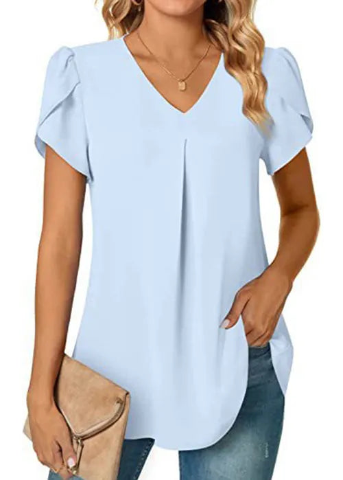 Light Blue V Neck Chiffon Shirt Top Summer