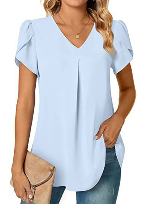 Light Blue V Neck Chiffon Shirt Top Summer