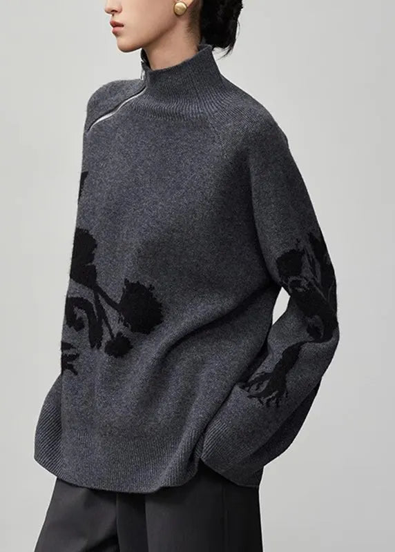 Dark Grey Zippered Patchwork Cozy Knit Sweaters Flare Sleeve