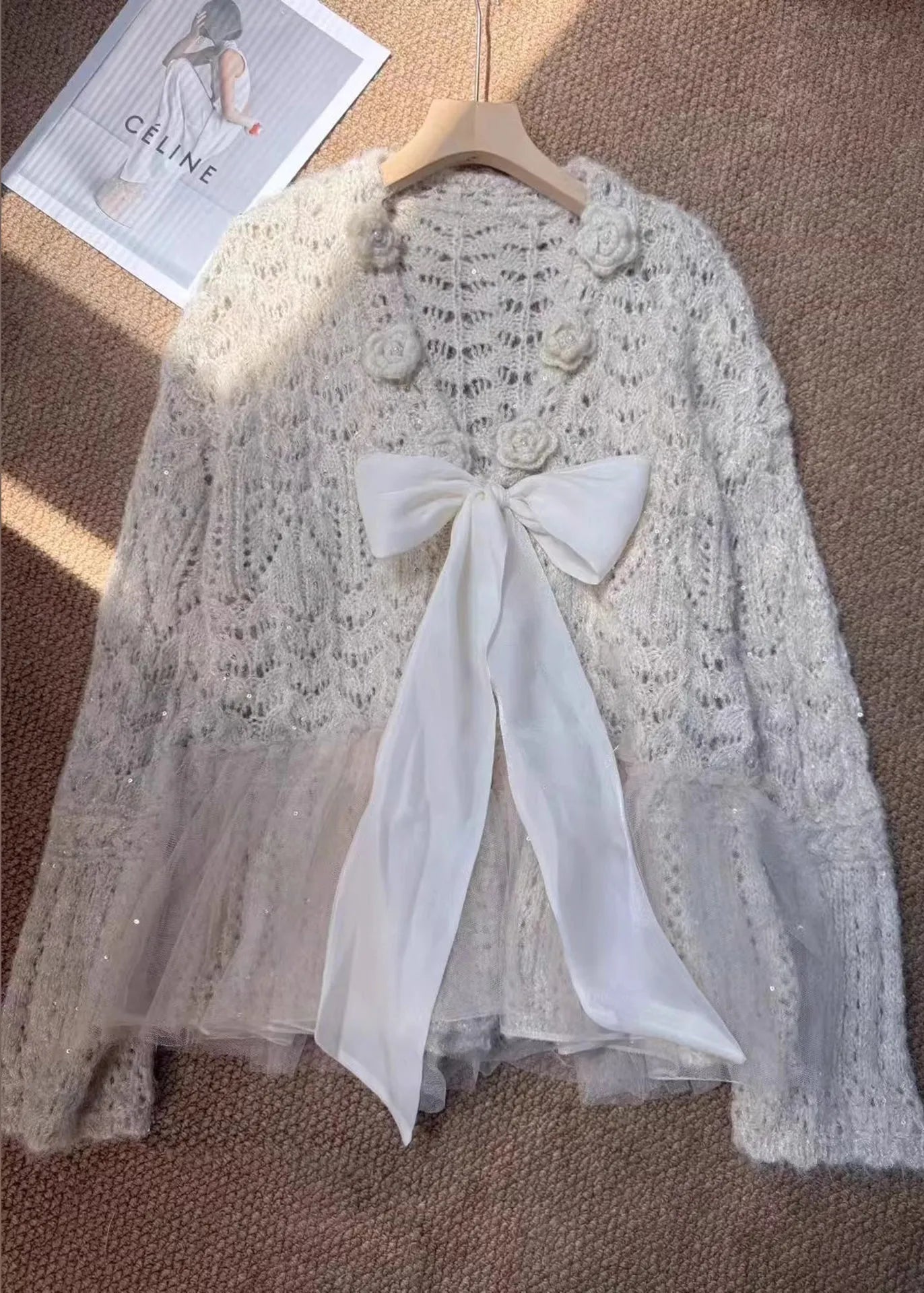 Fitted Beige Sequins Patchwork Bow Knit Cardigans Spring
