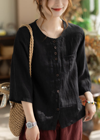 Khaki O Neck Button Pockets Linen Shirt Bracelet Sleeve