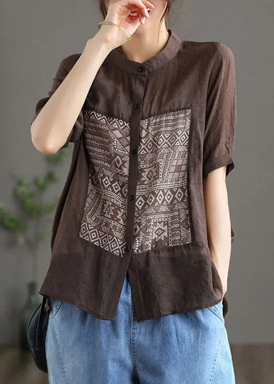 Coffee Stand Collar Print Patchwork Cotton Top Short Sleeve