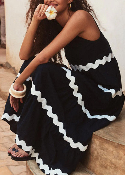 Loose Black U Neck Striped Patchwork Cotton Long Dress Summer