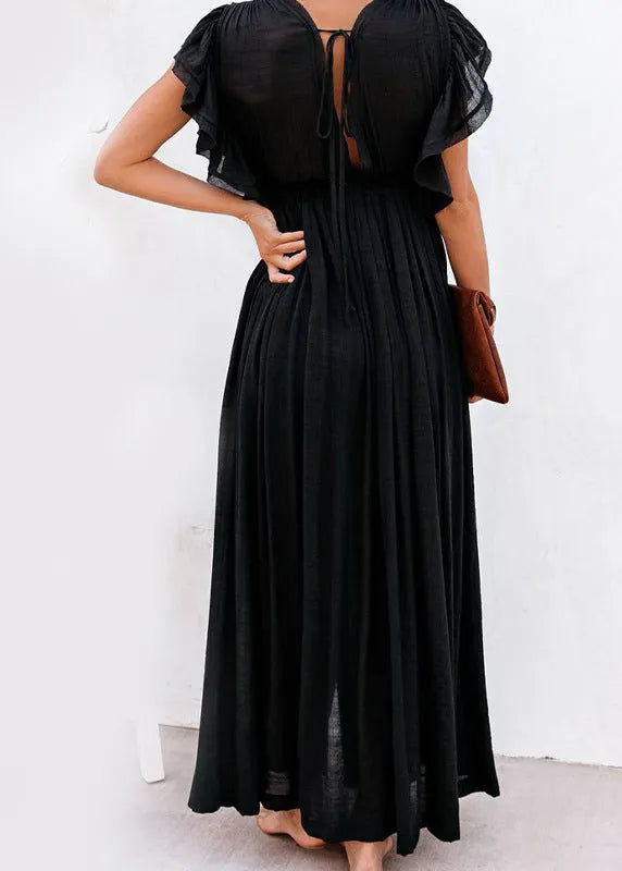 Loose Orange Ruffled Lace Up Patchwork Cotton Maxi Dress Summer