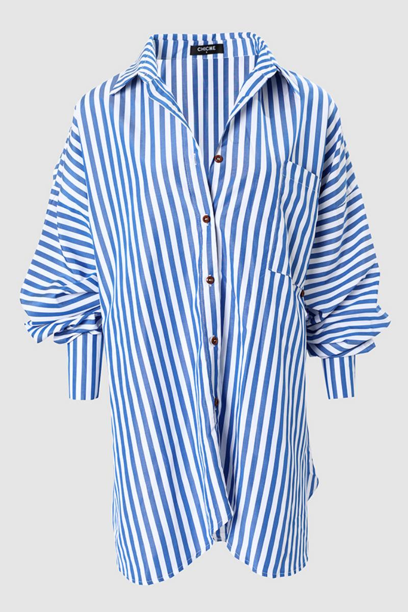 Striped Print Patchwork Asymmetrical Shirt Collar Tops