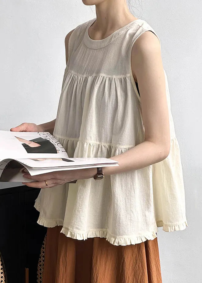 Beige Ruffled Cotton Tops O Neck Summer