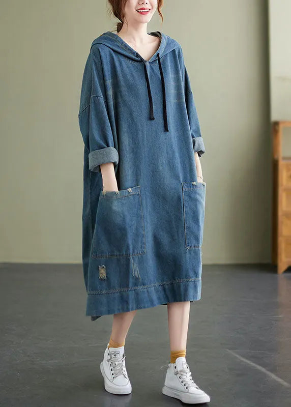 Blue Hooded Drawstring Denim Dress Spring