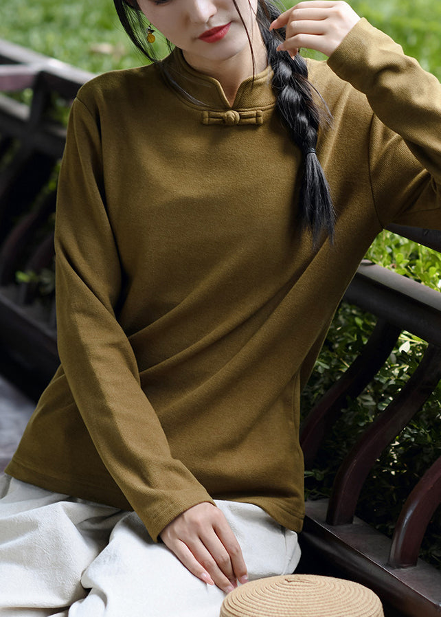New Versatile Yellow Stand Collar Cotton T Shirt Top Spring