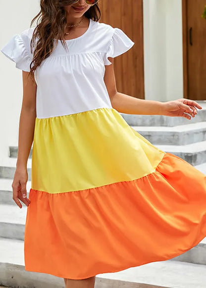 Yellow O Neck Patchwork Cotton Dress Summer