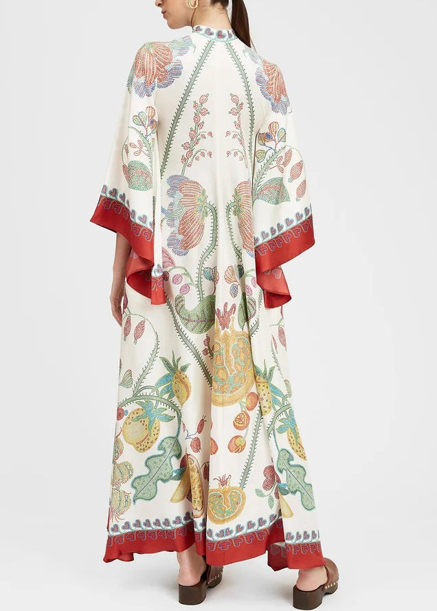 White Print Wear on Both Sides Silk Maxi Dresses Bracelet Sleeve