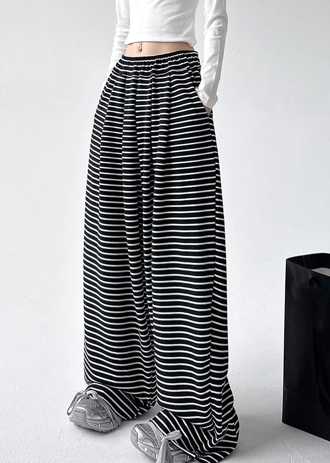 Black White Striped Elastic Waist Wide Leg Pants Spring