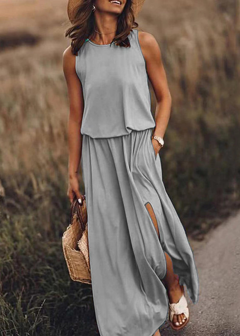 Khaki O Neck Side Open Cotton Dress Sleeveless