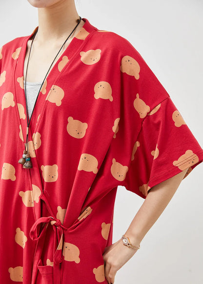 Boutique Red Lace Up Bear Print Cotton Cardigan Dress Summer
