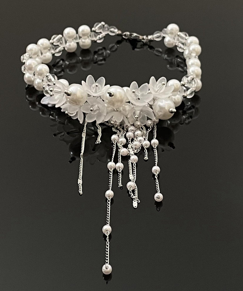 Classy White Alloy Pearl Beading Tassel Lariat Necklace