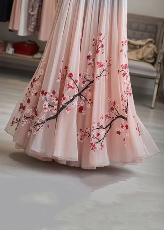 Pink Print Elastic Waist Chiffon Pleated Skirt Summer