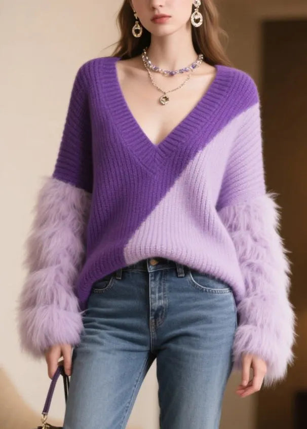 Purple Oversized Patchwork Faux Fur Sweaters Winter