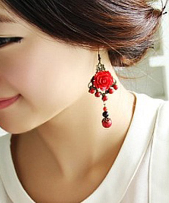 Red Sterling Silver Alloy Agate Turquoise Tassel Drop Earrings