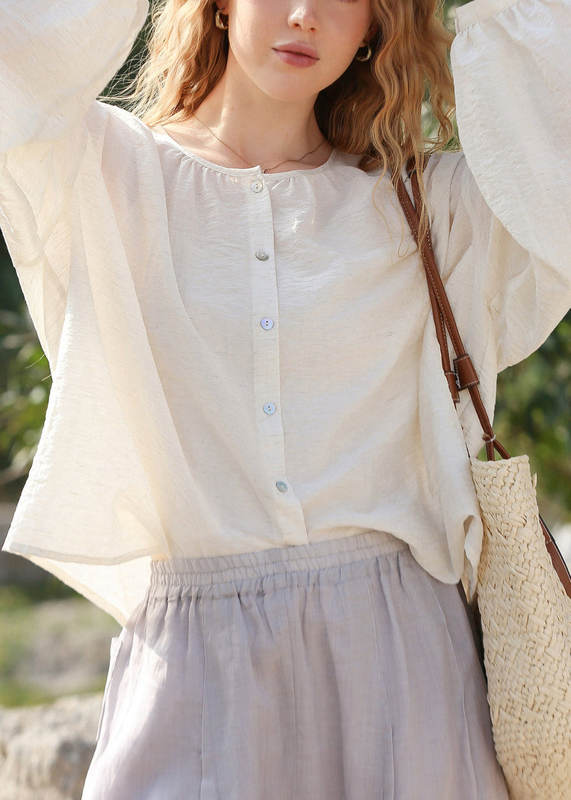 French White O Neck Button Cotton Shirts Top Lantern Sleeve