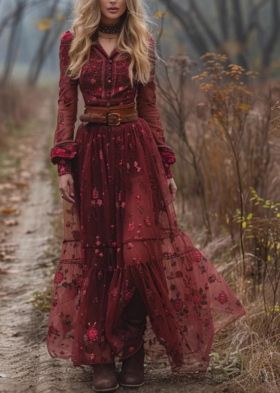 Loose Red Print Patchwork Exra Large Hem Tulle Dresses Fall