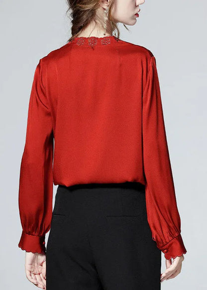 Red V Neck Button Embroideried Patchwork Silk Shirt Top Spring