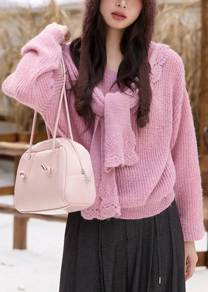 Pink Cozy Cotton Knit Sweaters and Shawl Two Piece Set Fall