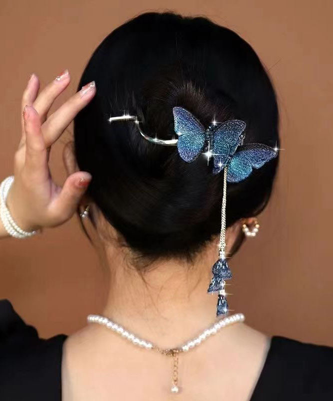 Diy Royal Blue Alloy Butterfly Zircon Tassel Hairpin