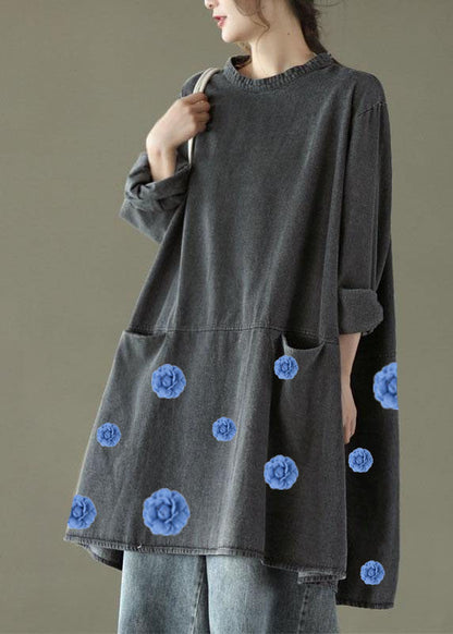 Black Grey-blue Flower O-neck Pockets Denim Long Dresses Long Sleeve