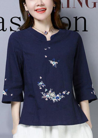 Natural Navy Embroidered Oriental Cotton Linen Shirts Summer