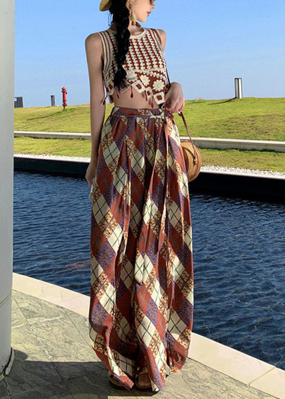 Brown Print Side Open Chiffon Wide Leg Pants Summer