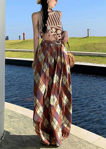 Brown Print Side Open Chiffon Wide Leg Pants Summer