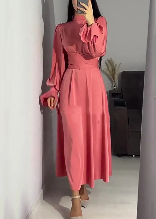 French Pink Tie Waist Slim Fit Puff Sleeve Silk Dresses