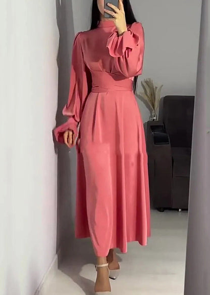 French Pink Tie Waist Slim Fit Puff Sleeve Silk Dresses