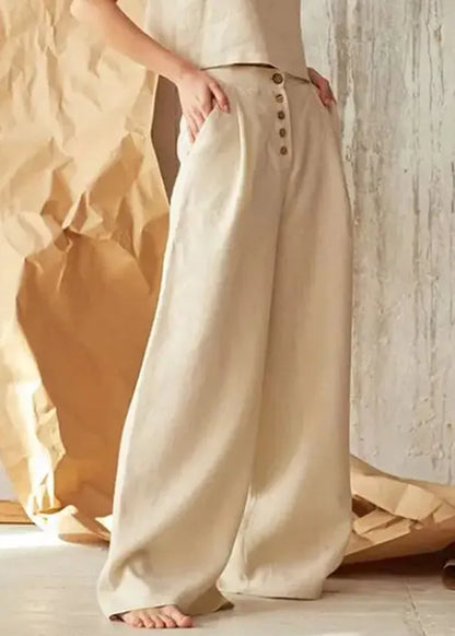 New Apricot Pockets Button Linen Straight Pants Spring