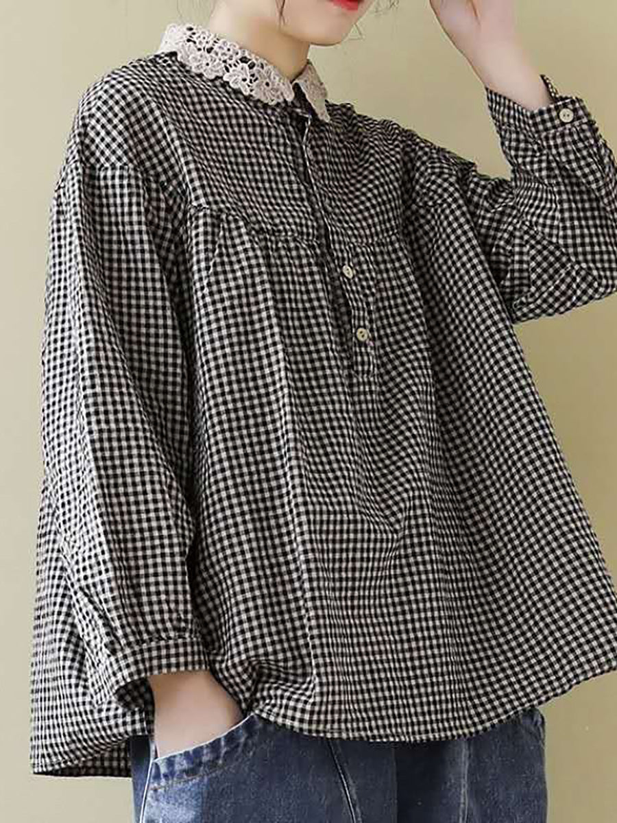Loose Breasted Lace Plaid Tops