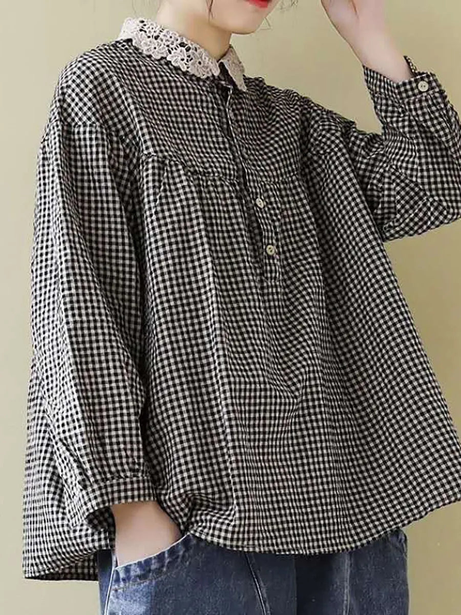 Loose Breasted Lace Plaid Tops