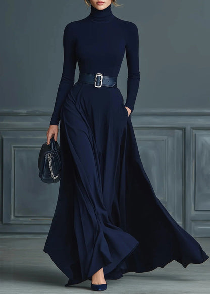 Boutique Navy Hign Neck Patchwork Cotton Long Dress Fall