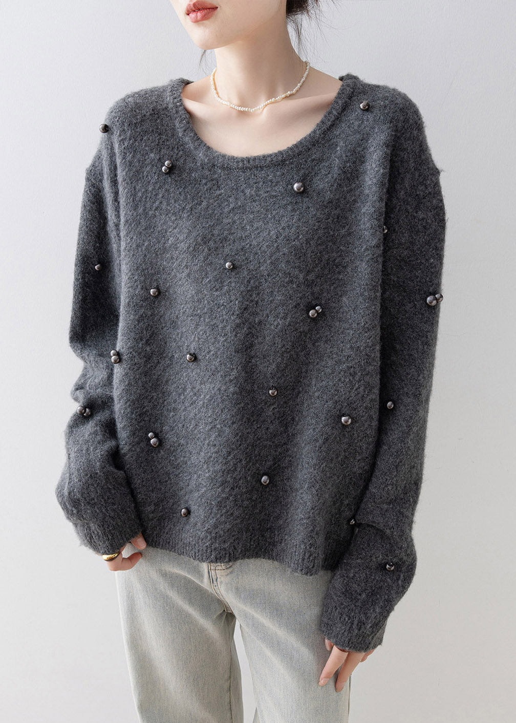 Grey O Neck Nail Bead Knit Sweater Spring